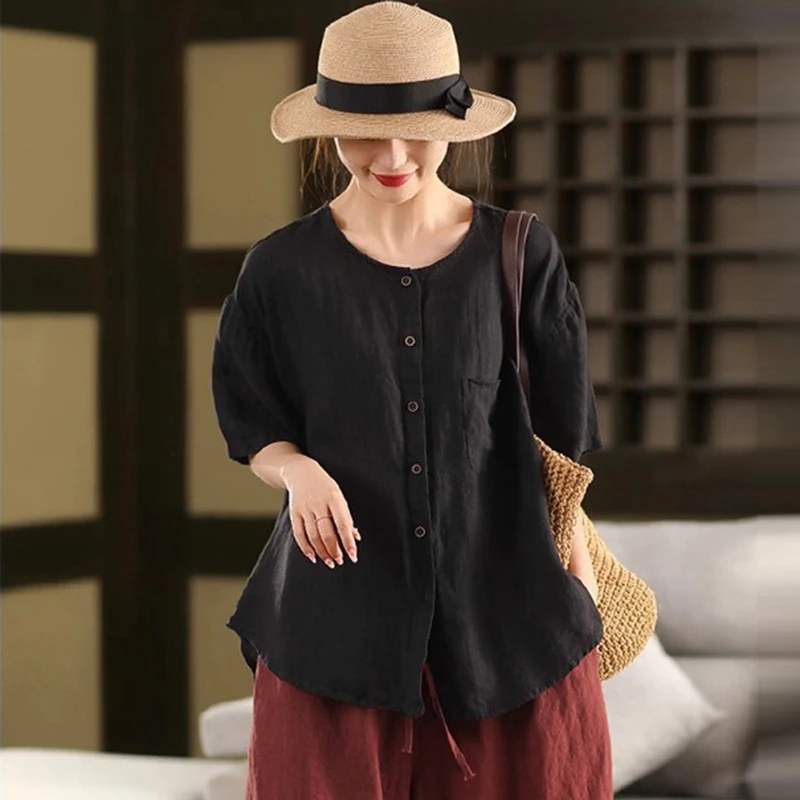 100% 린넨 여성 캐주얼 셔츠 신상 2025 여름 빈티지 스타일 O넥 단색 루즈핏 여성 반팔 탑 셔츠 T677