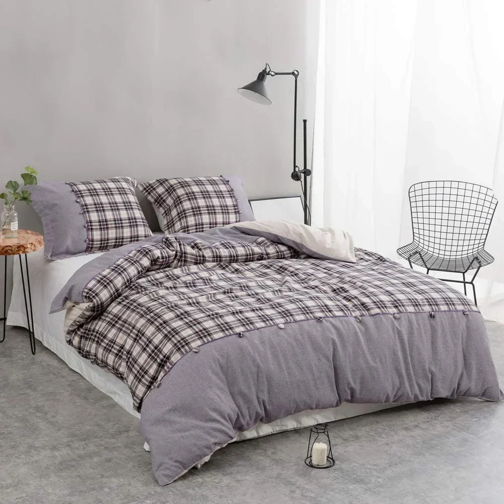 Simple&Opulence 3Pcs 100% Cotton Flannel Bedding Set Plaid Double Bed Linens King Size Pillowcase Duvet Cover comforter Sheet