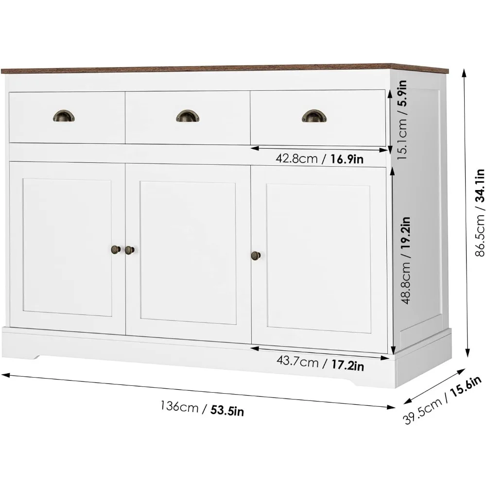 خزانة بوفيه بيضاء للتخزين، خزانة جانبية لخادم المزرعة، خزانة مشروبات مع 3 أدراج و3 أبواب، أرفف قابلة للتعديل، وحدة تحكم Ta #3
