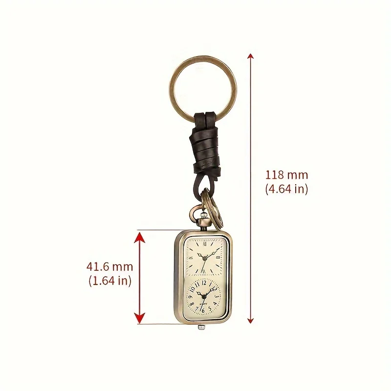 Bronze keychain pocket watch square retro double time movement quartz watch without cover antique style pendant