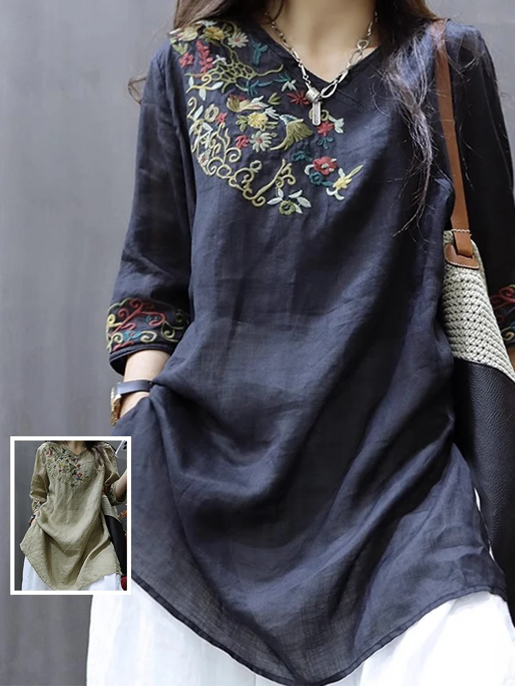 

Retro Cotton Linen Embroidered Long irt plus Size Women's Summer V-ne Slimming Casual Tea Service Top Mid-length irt