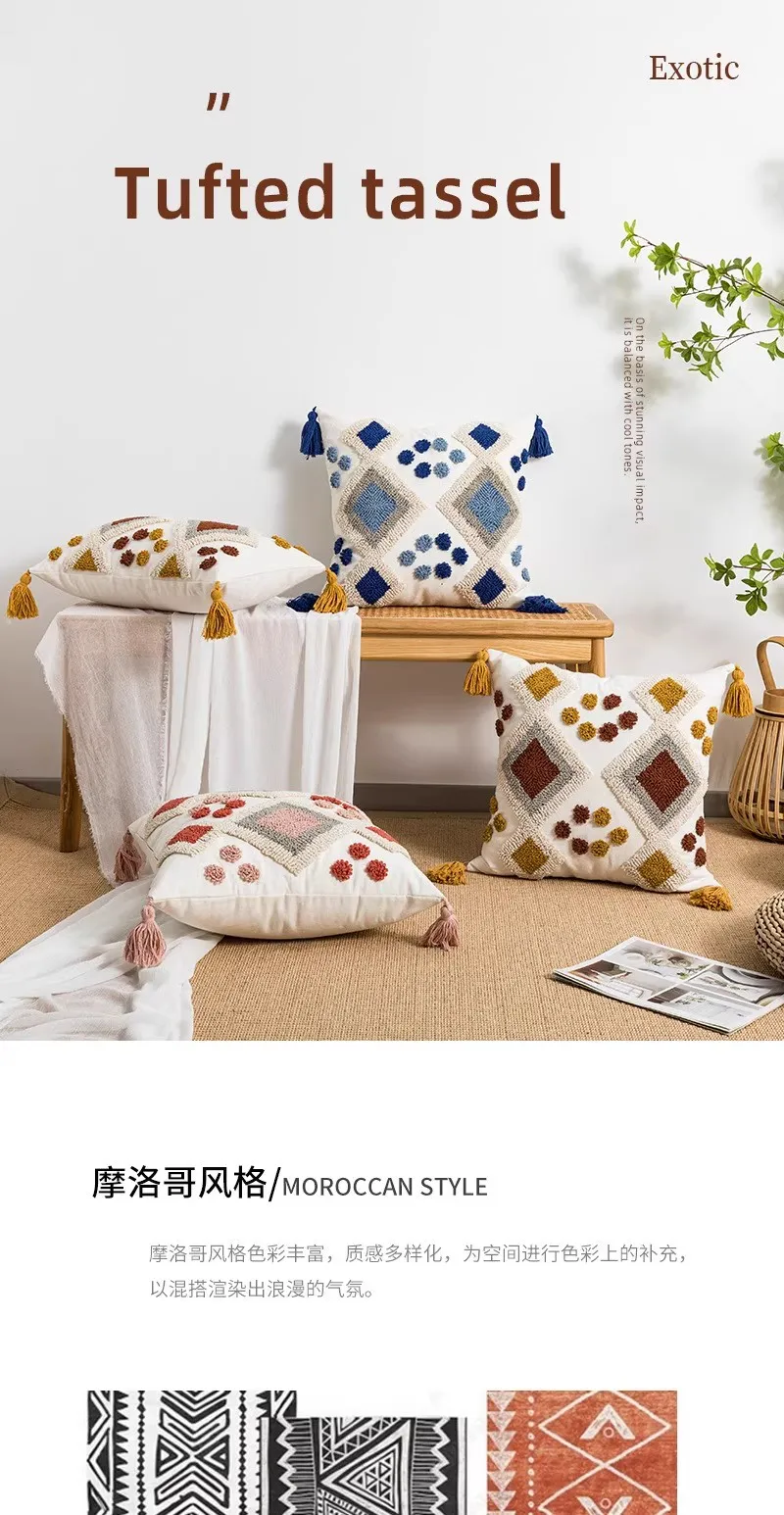 Boho Loop Tufted Kissenbezug, Baumwoll-Canvas, handgefertigter Quasten-Kissenbezug, dekorativer ethnischer bestickter Home-Decor-Kissenbezug – Detail 1