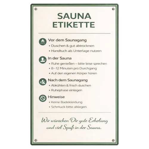 Sauna Etikette Blechschild Wellness Regeln Retro Metallschild Sauna 20x30cm --Tin Sign
