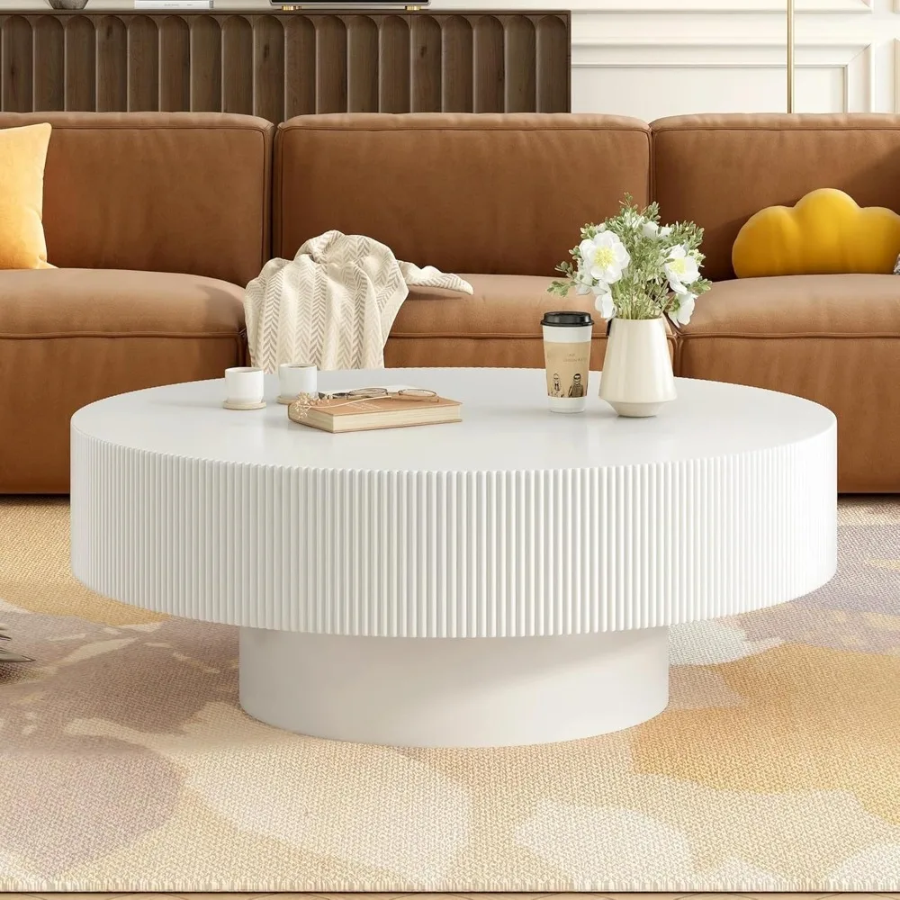 

31.5 Inch Round Drum Coffee Table, Modern Handcraft Fluted Drum Coffee Table, Wooden Round Coffee Table Center Table Cocktail Ta