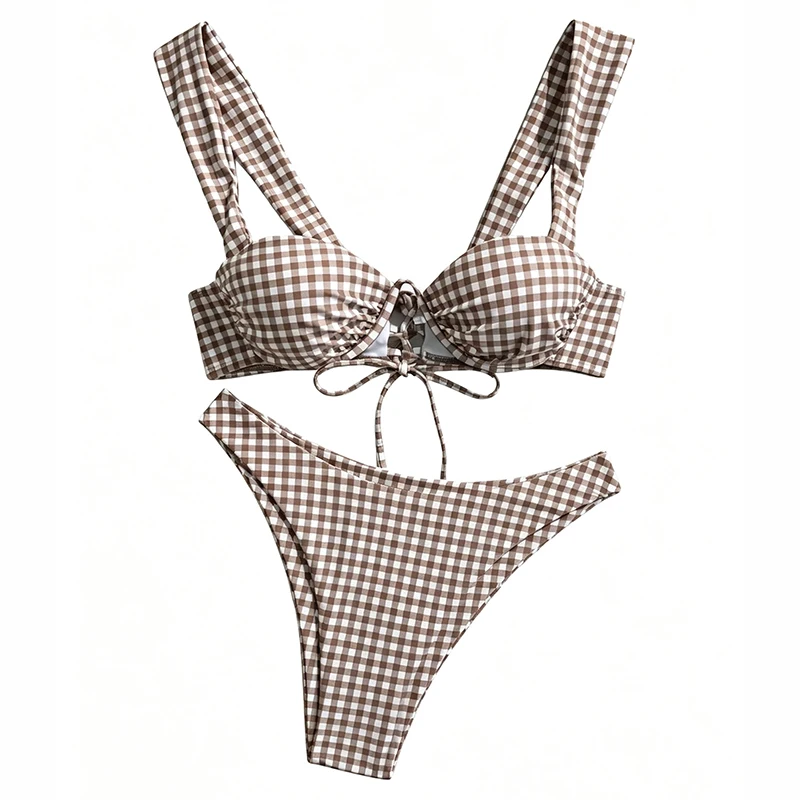 Vintage Sexy Plaid Bikini Set Swimsuit Women Underwire Push Up Swimwear Female Hollow Out Drawstring Push Up High Waist Swimsuit