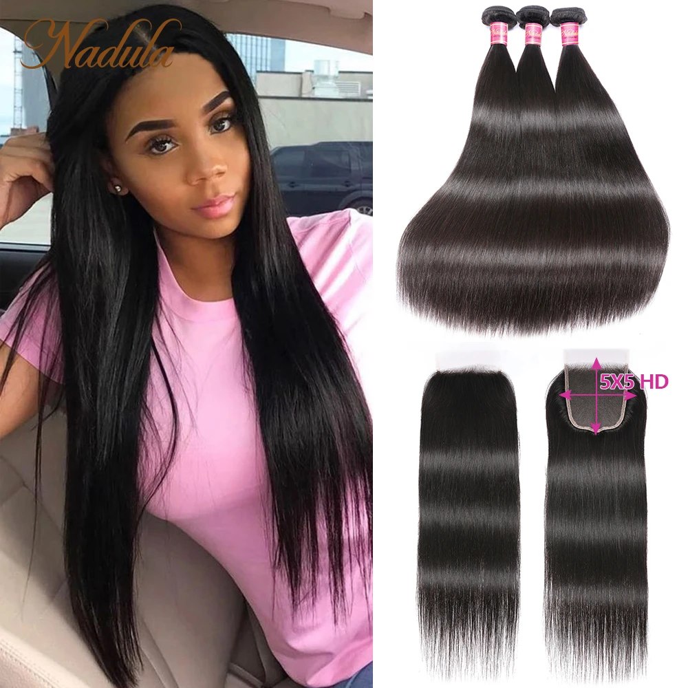 Nadula Hair 5x5 HD Lace Closure Straight Hair 3 Bundles With Closure Malaysian Hair Bundles With Closure 100% Human Hair Weave