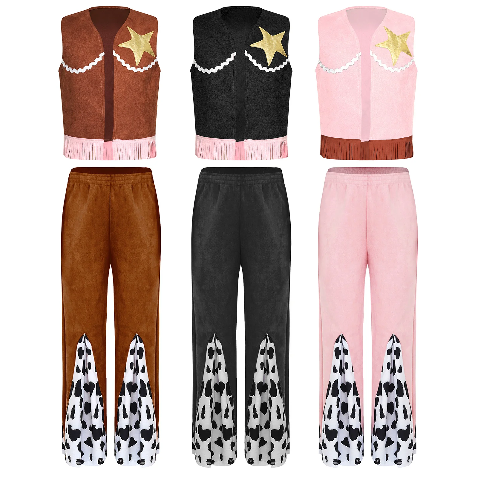 Girls Cowboy Cosplay Costume Western Cowboy Vest with Five-pointed Star Tassels And Flared Pants Set Halloween Fancy Dress Party