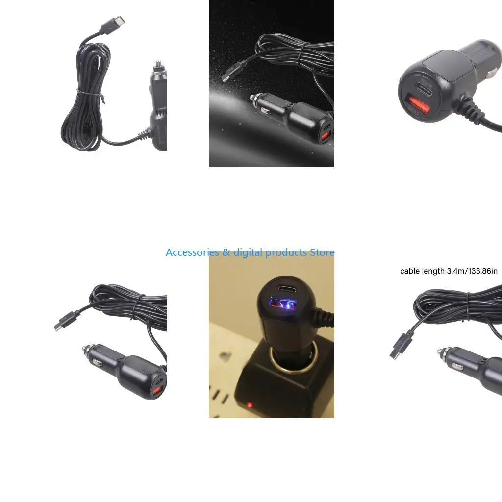 77JD Small Car Adapter PD20W USB18W Fast 343cm Cable Small Current Distribution for Dashcams Gaming Consoles Tablets
