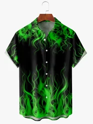 Men's Halloween Fire Print Shirt Green Blue Red Anti-Wrinkle Moisture Wicking Fashion Hawaiian Lapel Short Sleeve Shirts