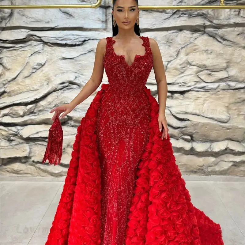 2025 Couture Long Train 2 In 1 Red Prom Dresses Handmade Flowers Mermaid Celebrity Dress Beaded Engagement Aso Ebi Evening Gowns