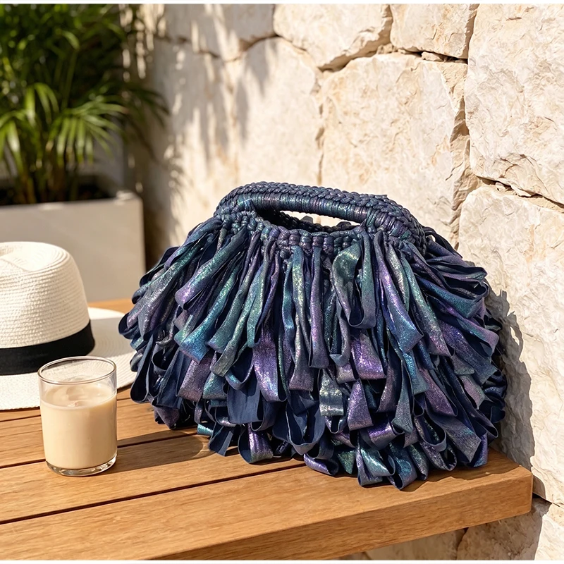 Quasten-Handtasche mit Obergriff, Bunte Fransen-Häkel-Clutch, Modische Abendtasche für Hochzeiten, Cocktailpartys, Abschlussbälle und Events – Detail 11