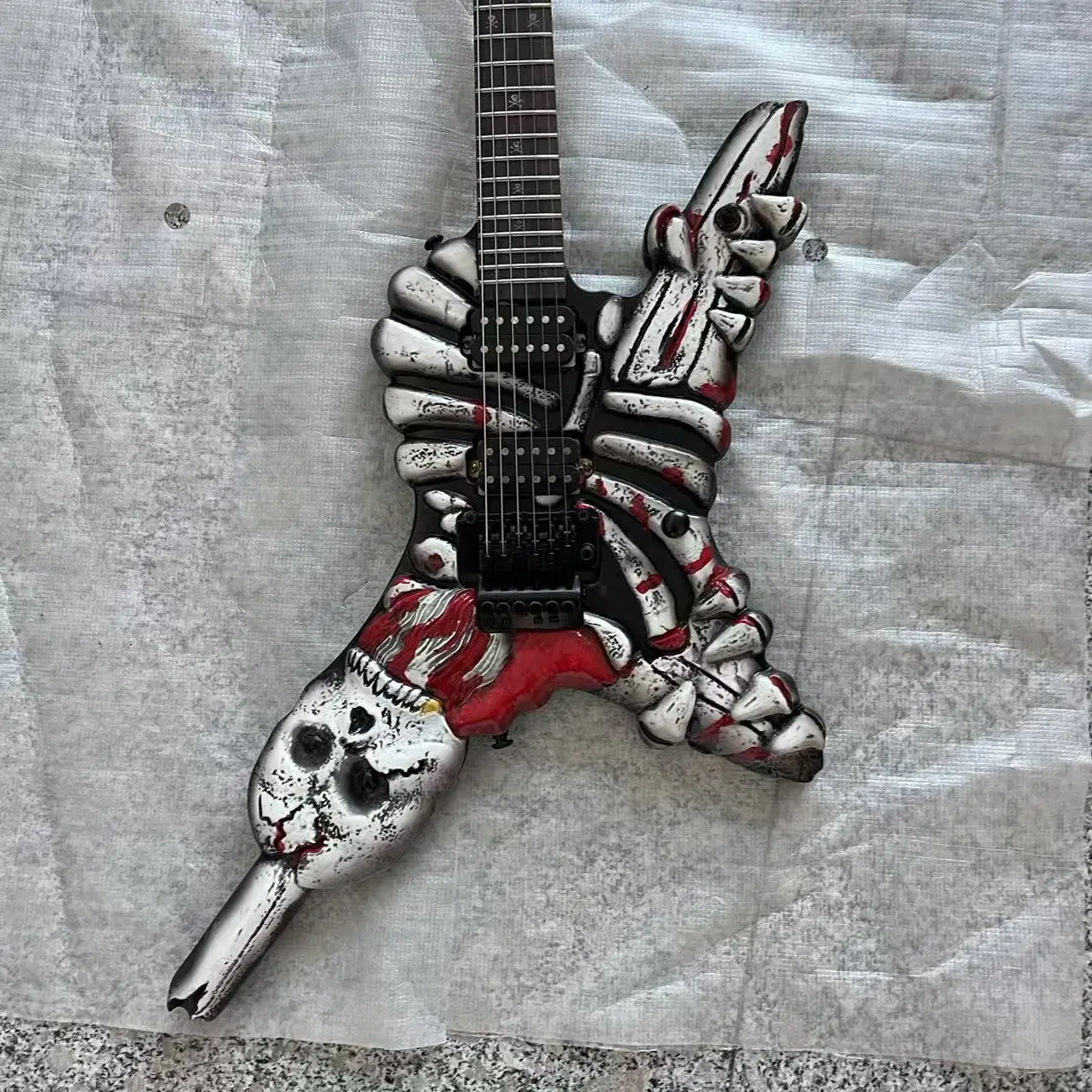 Skeleton Monster Carving Hand drawn Color Guitar Body 6-Chord Electric Guitar, Factory Realistic Picture, In Stock