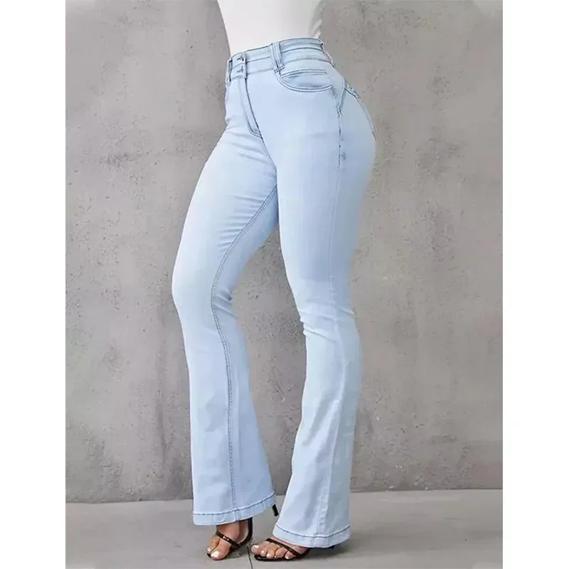 Women Jeans Washing Denim Full Length Flare Pants Zipper Fly Pockets High Waist Solid Sexy Spliced Streetwear 2025 Loose Fit