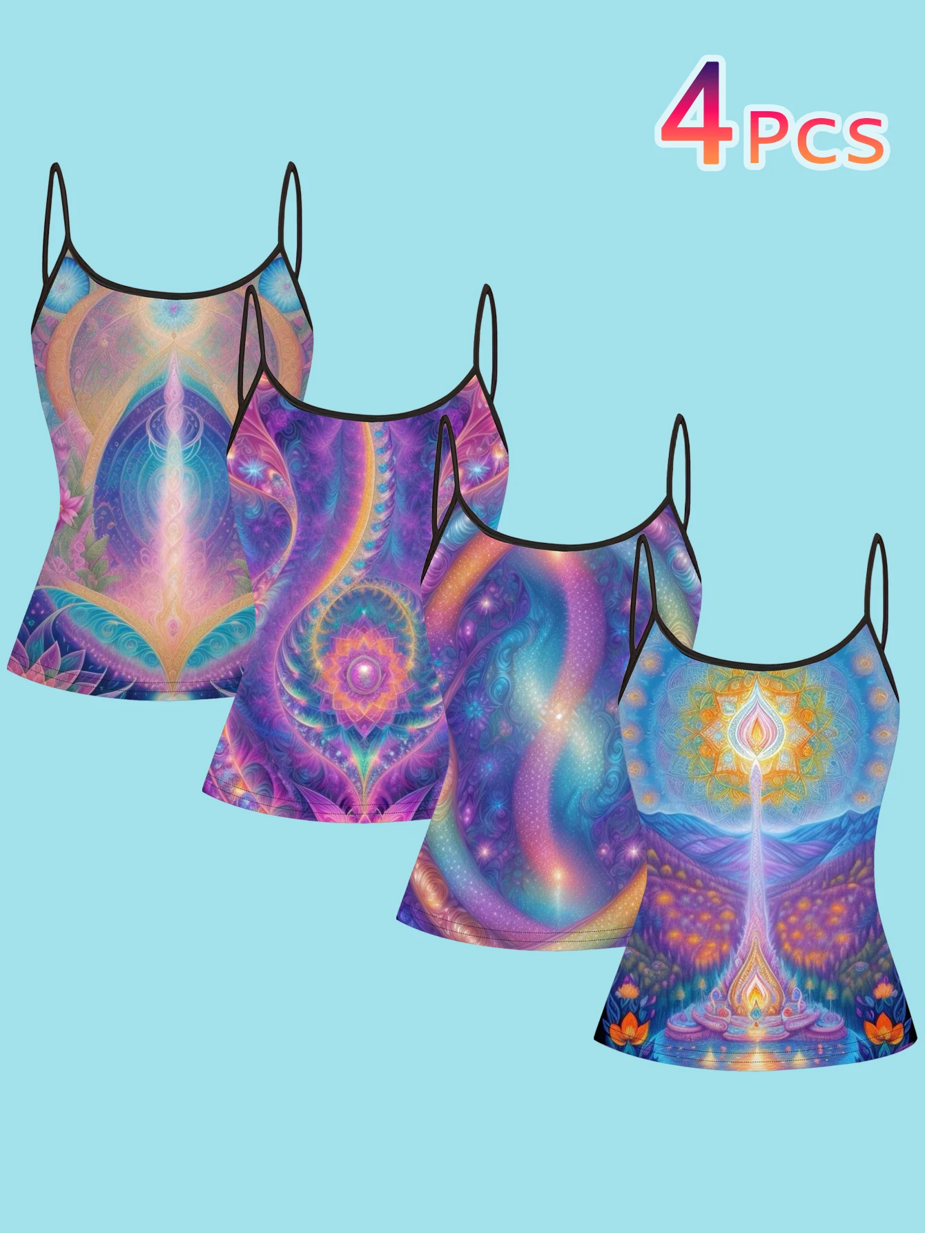 4-Pack Women's Spiritual Mandala Chakra Print Camisole with Energy Symmetrical Pattern Starry Sky Slim-Fit Spaghetti Strap Inner Top