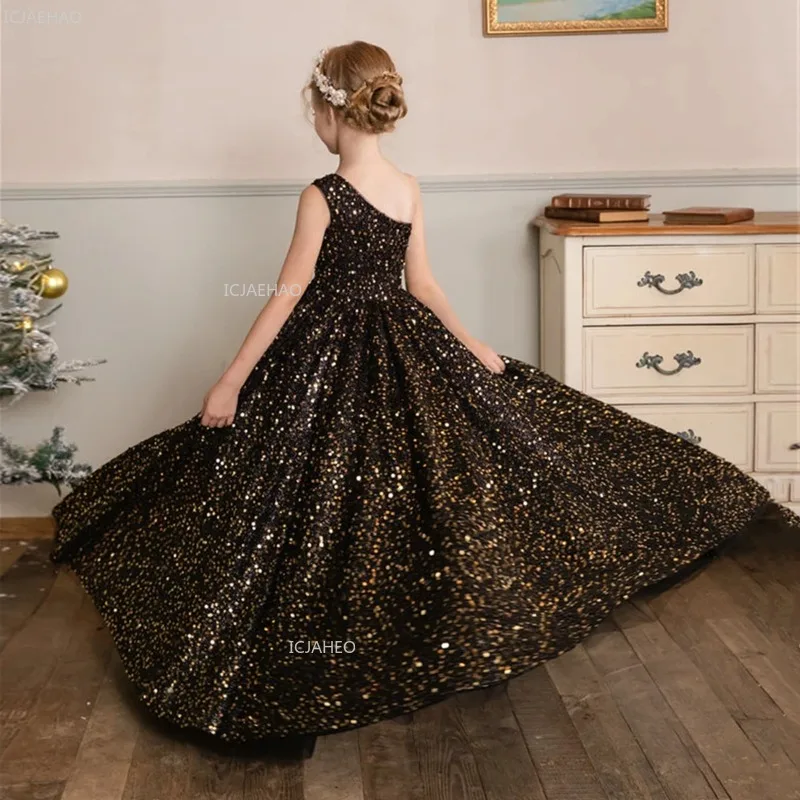 Girls One Shoulder Princess Party Dress for Piano Violin Performance Host Model Show Children Pageant Formal Celebration Costume