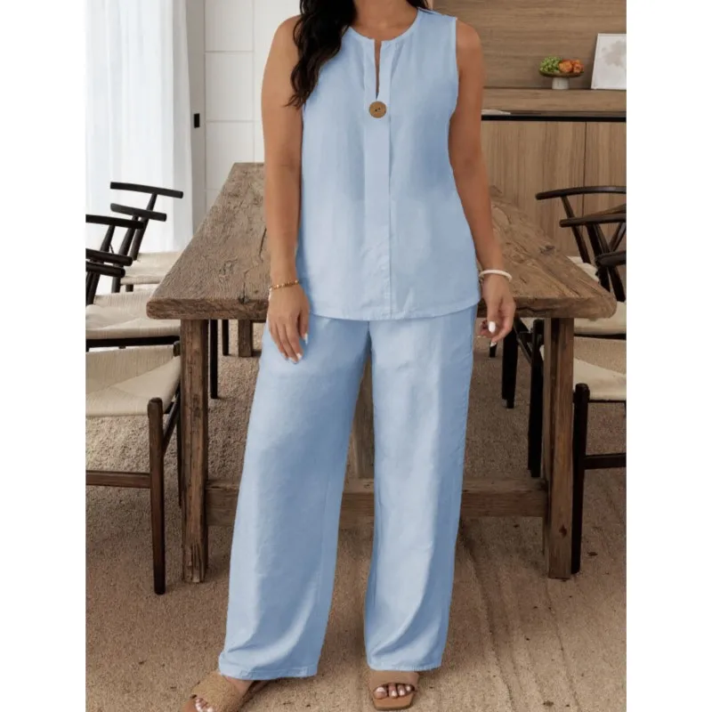 

Casual Simple Style Solid Color Women's Set Summer Fashion Sleeveless Top+Wide Leg Pants Two Piece Suit Women's Comfort Outfit