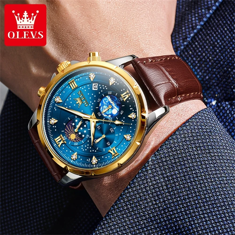 OLVES Men's watch Business Quartz Watch For Men Moon-Phase Date Waterpoof Multifunction Wristwatch starry Dial 9807