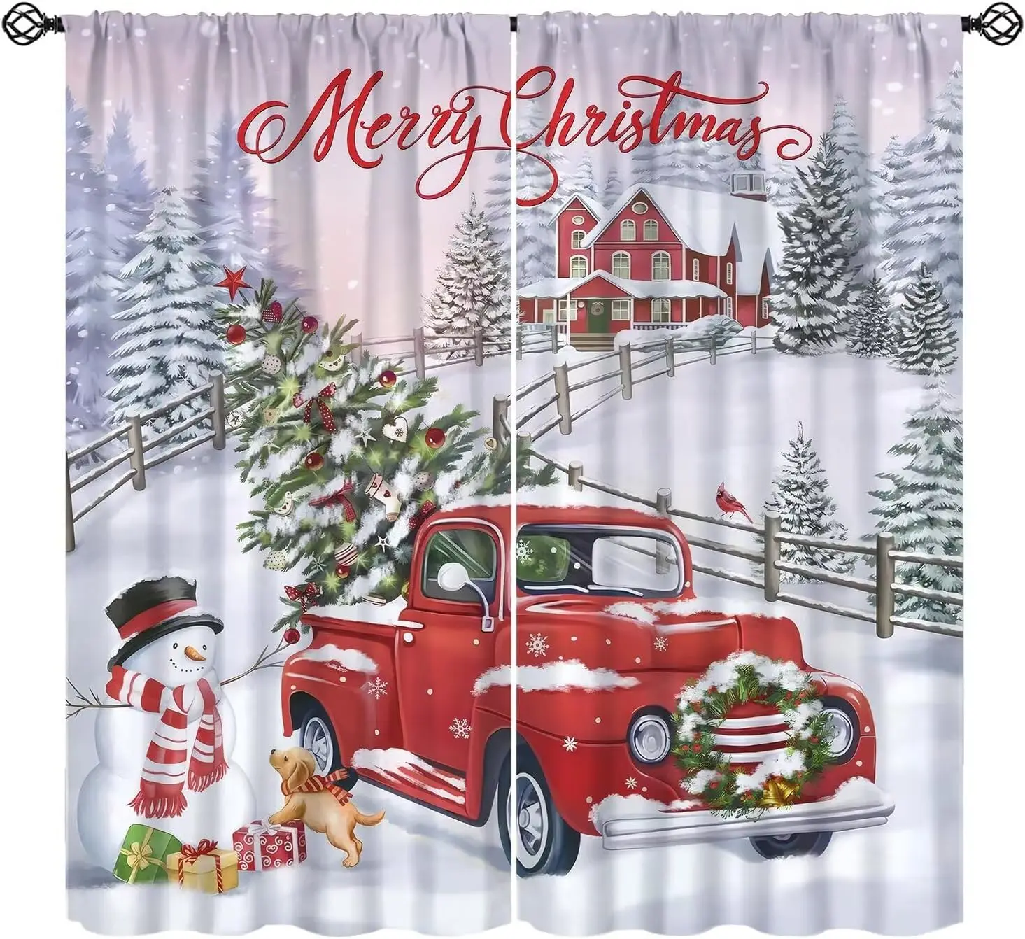 Merry Xmas Red Truck Christmas Tree Snowman Rod Pocket Curtains 2 Panel Drapes Suitable for Living Room Bedroom Decor