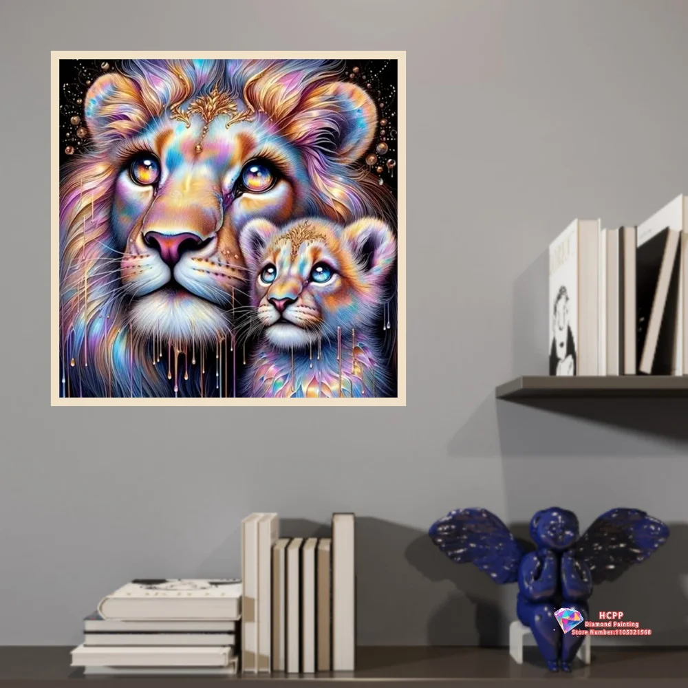 Rainbow Lion and Cub 5D DIY Diamond Painting Set with Square and Round Diamonds Handmade Crafts Home Decor Gifts.