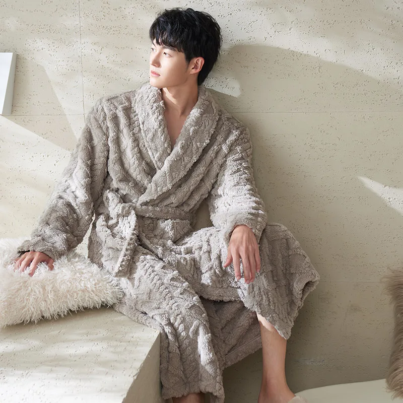 Winter Plush Velvet Men Robes Lapel V-Neck Sleep Lounge Pijama Long Sleeve Male Nightwear Bathrobe With Belt Cardigan Nightdress