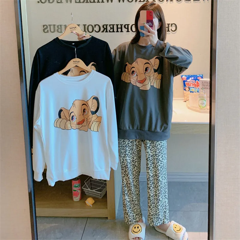 

Disney Cartoon Lion King Simba Pajamas Women's Spring Autumn Long-sleeved Trousers New Girl 2pcs Leopard Print Homewear Suit