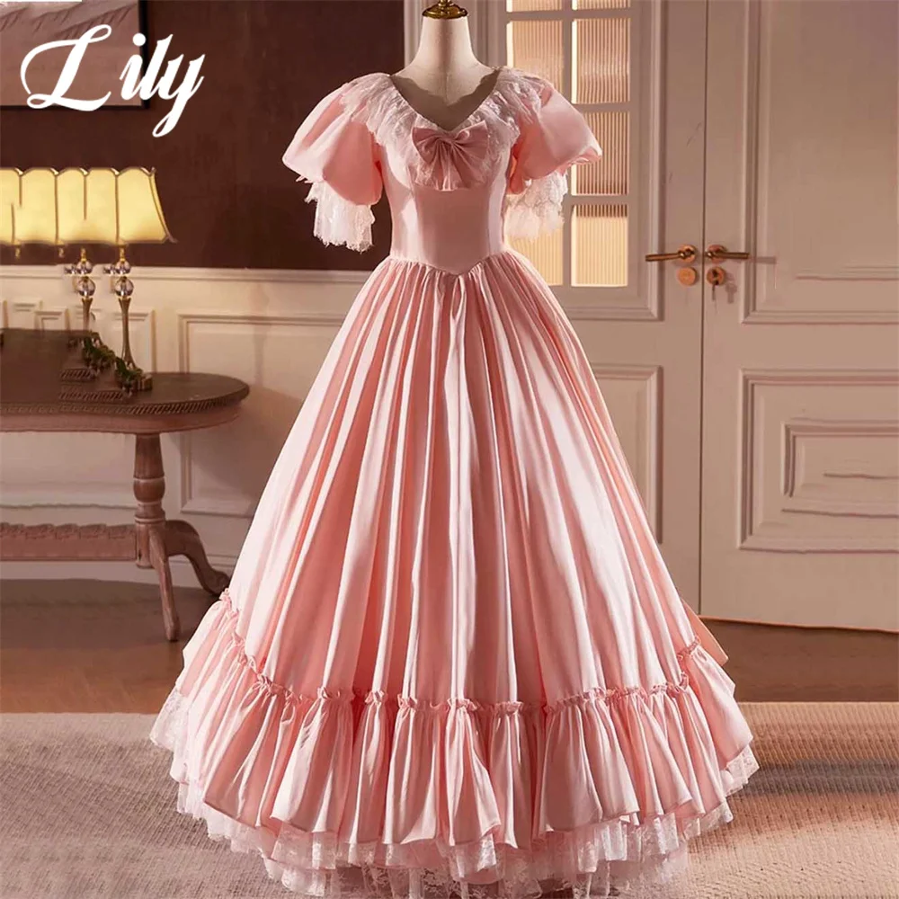 

Lily Pink A-Line Prom Dresses Lace Stain Pleats Celebrity Dresses Strapless Bow Regular Sleeve Evening Dress Formal Gown 프롬 드레스