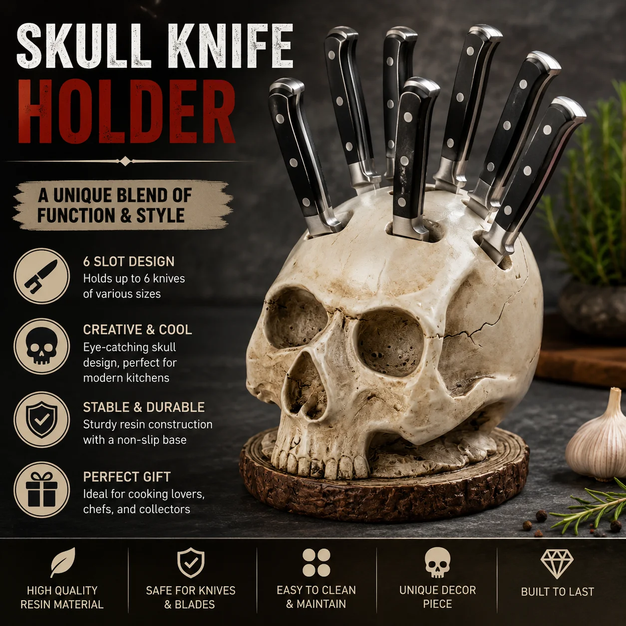 Life‑Size Skull Knife Block Holder, Hand‑Painted Resin Skull with 6 Slots for Kitchen Fruit Knives Horror Party Display