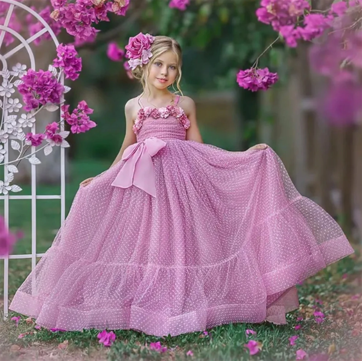 Blumen mädchen Kleider Boho Strand für Hochzeits gurte Kleinkind Festzug Kleider Tüll 3d appliziert bodenlangen Kinder Geburtstags kleid