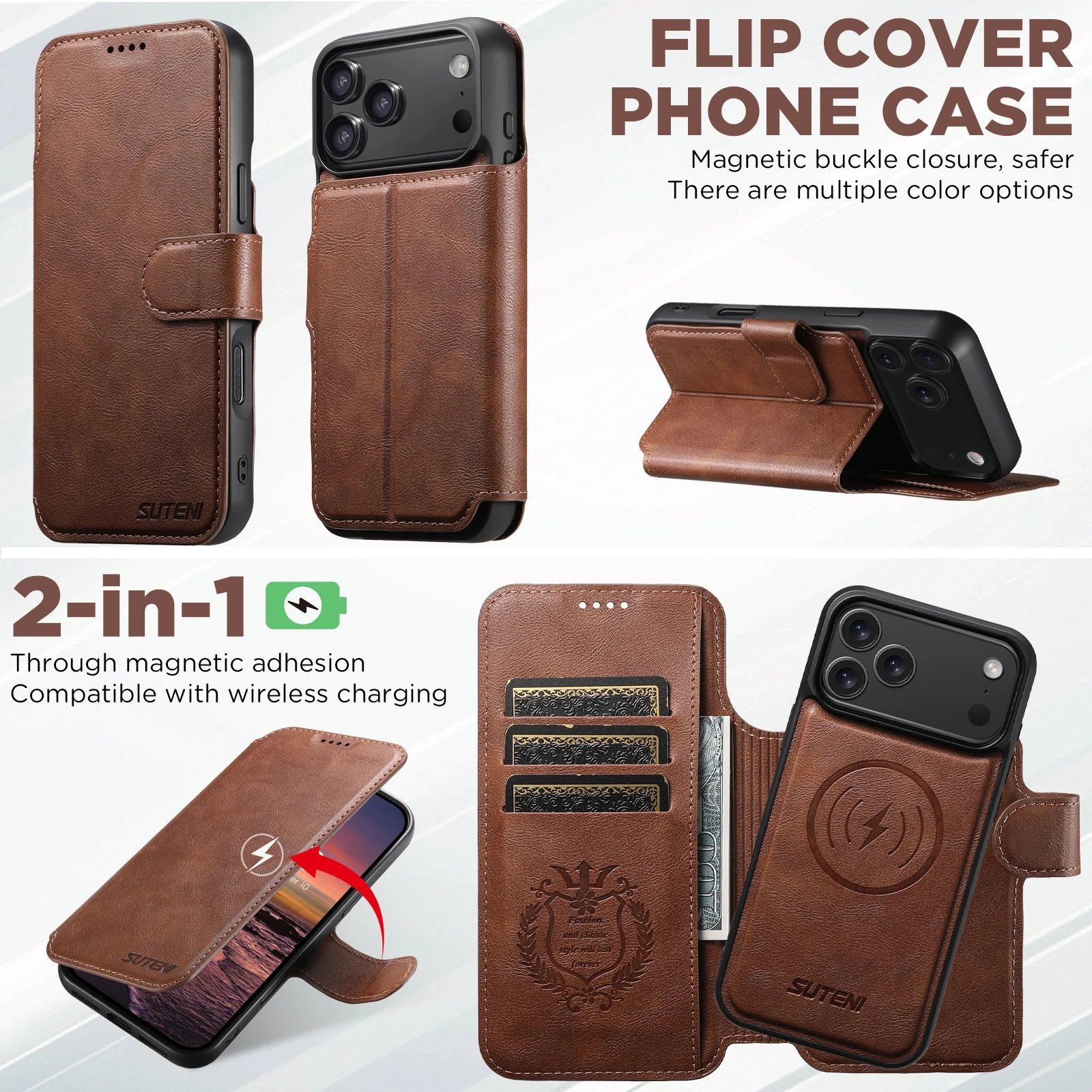 SUTENI Kunstleder Kabelloses Ladegerät Kartenhalter Ständer Brieftasche Magnetische Klapphülle Handyhülle für iPhone 18 Pro Max 17 16 15 14 – Detail 30