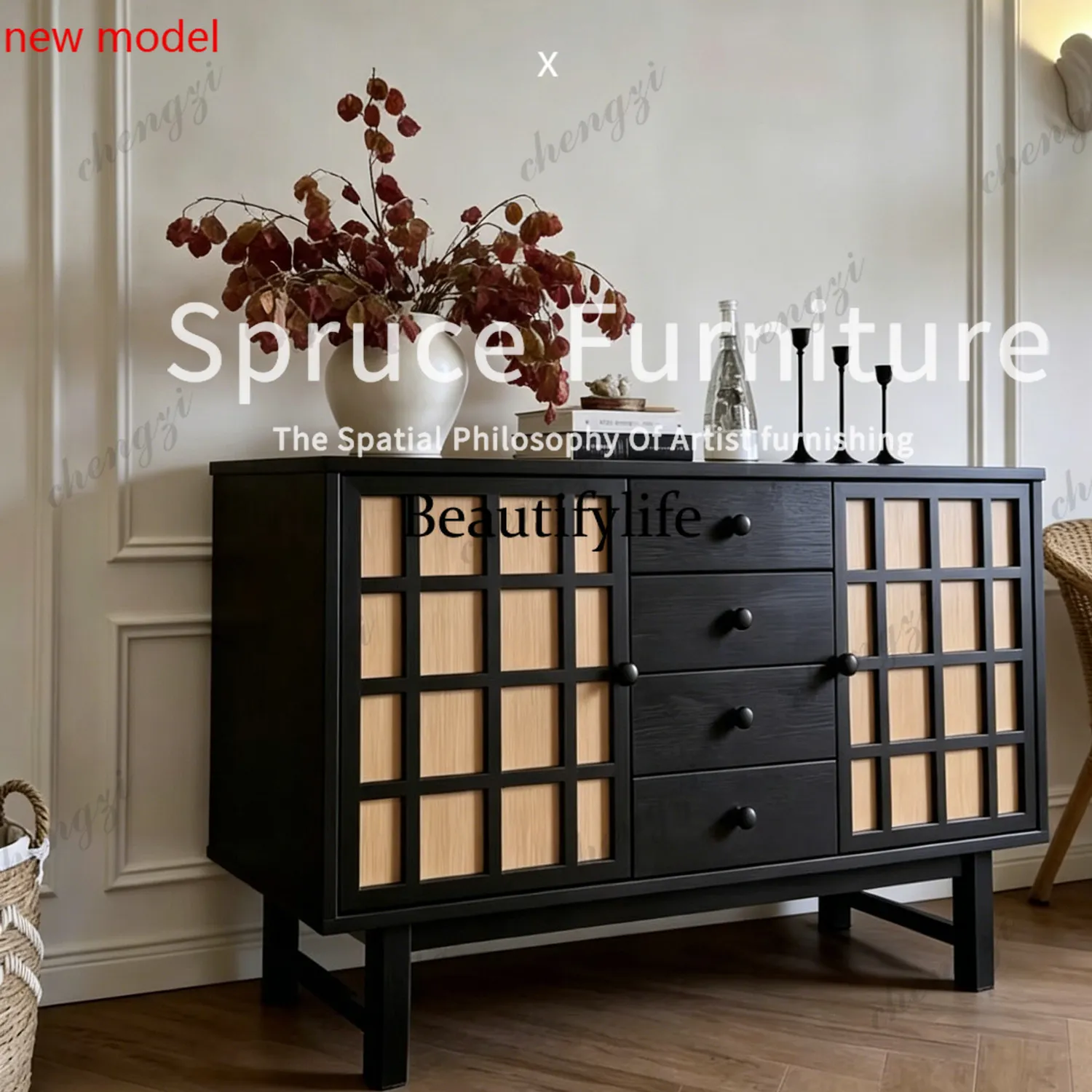 Solid wood dining side cabinet French retro porch drawer, household wall storage, lockerN138