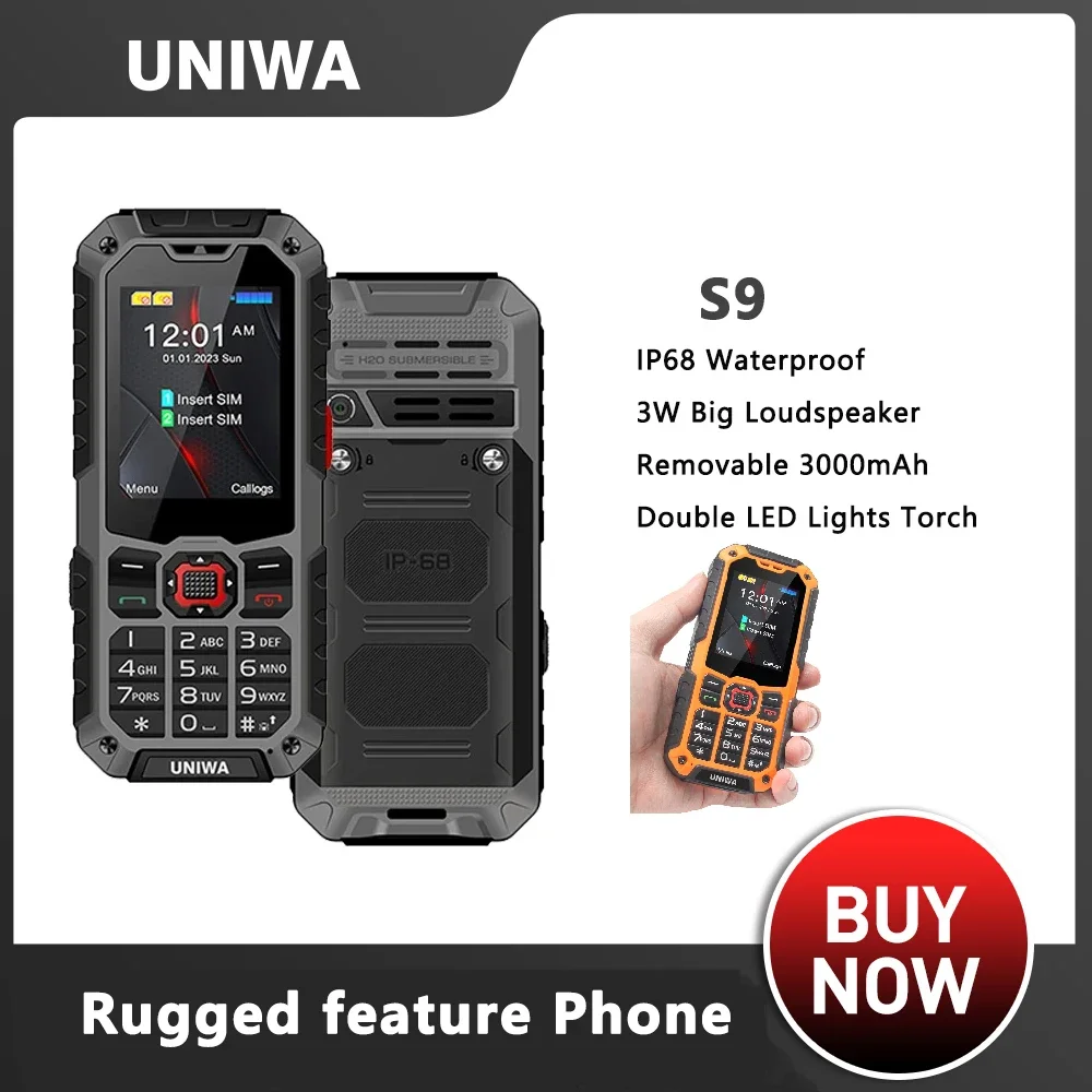 UNIWA S9 4G Rugged Phone2.4 Inch IP68 Waterproof Torch Cell Phone Feature Phone with Keypad