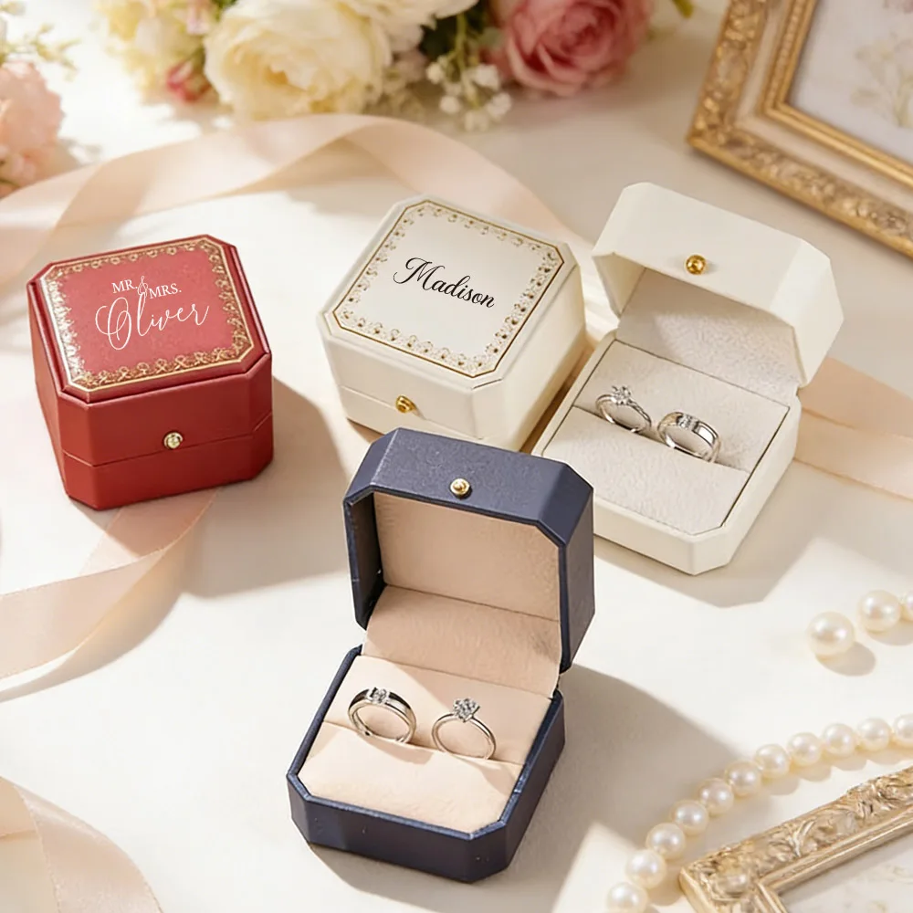 Personalized Faux Leather Ring Box Velvet Lined Engagement Custom Jewelry Storage Romantic Gift for Bride Valentines Day for Her view 4