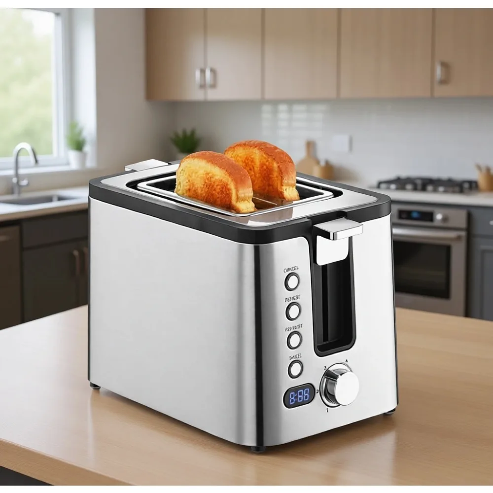 

2-Slice Stainless Toaster, Timer, Bagel/Defrost/Reheat, 6 Browning, Extra-Wide Slots, Warming Rack, Removable Tray, 800W