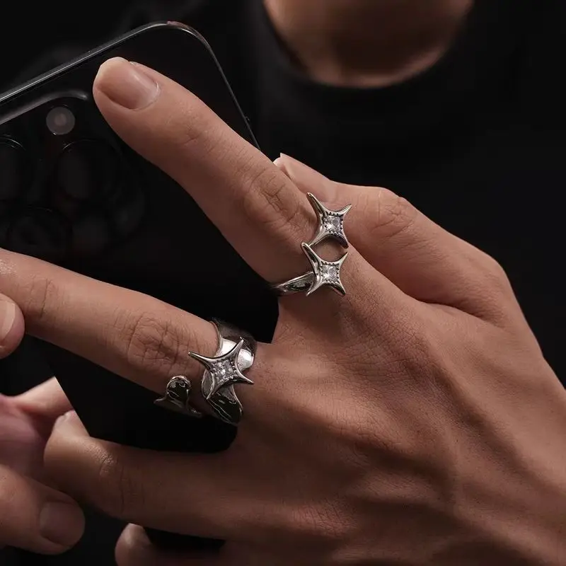 Minimalist Bling Four Pointed Zircon Stacked Ring Set Men Elegant High End Index Finger Rings