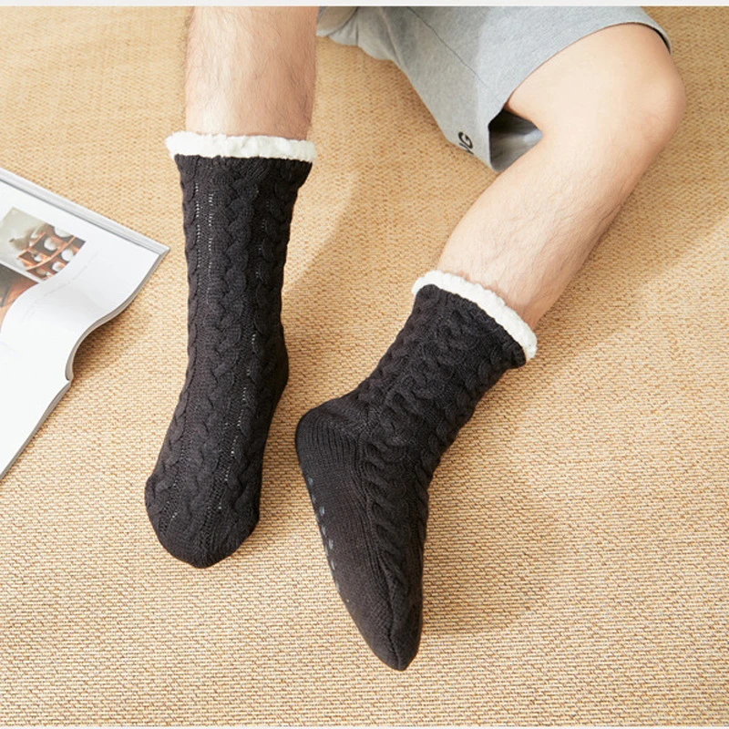 Chaussettes thermiques pour hommes, chaudes pour la maison, en coton doux, épais, en velours, pour dormir, antidérapantes, pantoufles de sol courtes, hiver