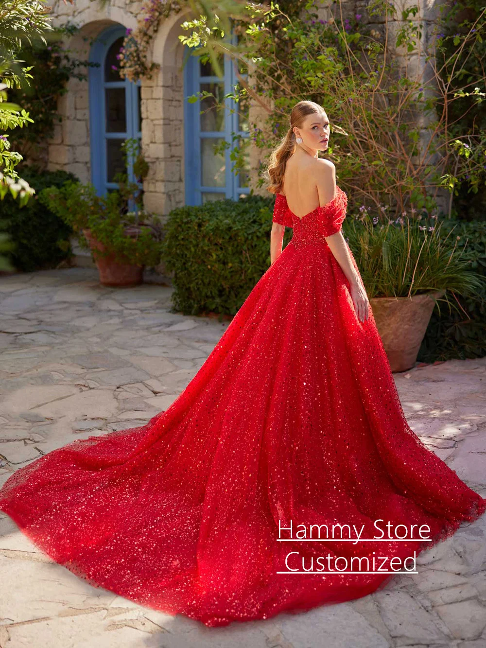 Vestido De noche rojo brillante personalizado con hombros descubiertos, cuello en V, cuentas, lentejuelas, cola De corte, vestido De fiesta De graduación