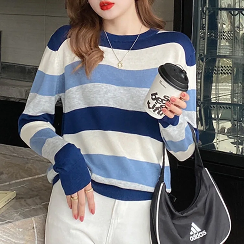 

Knitted Sweater Women Pullovers New Long Sleeve O-Neck Striped Knit Sweater Pullover Women Tops Sweaters Sueters De Mujer Q1087