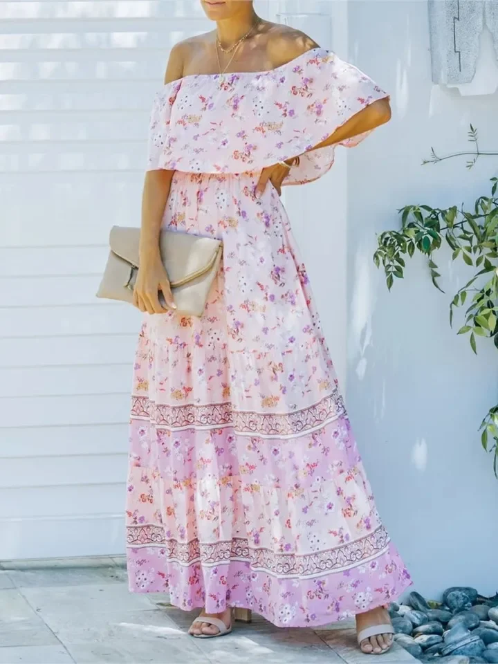 Vestidos largos con hombros descubiertos y estampado de flores para mujer Primavera Verano nueva moda temperamento cintura alta vestido Leace-up Vestidos femeninos