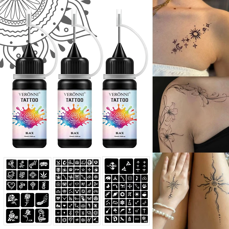 3 Bottles Black Temporary Tattoo Ink Kit With 120pcs Stencils DIY Body Art Henna Tattoo Set Waterproof Long Lasting