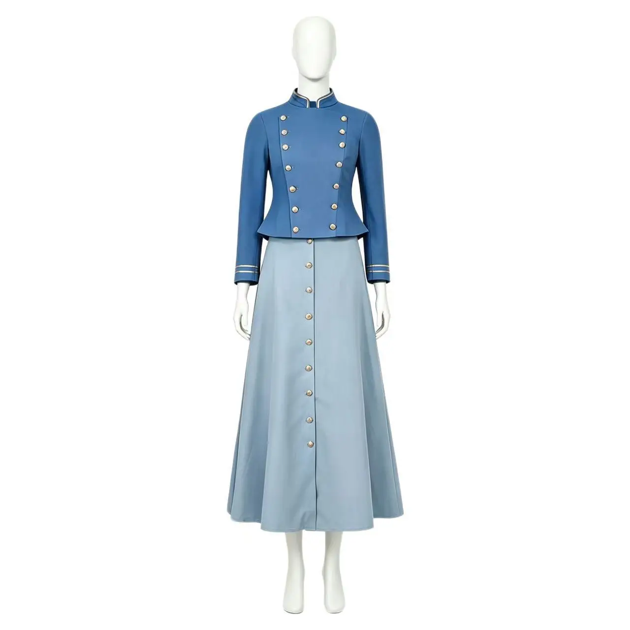 WHH Movie Enola Cosplay Costume Holmes Women Vintage Long Sleeve Military Jacket Skirt Outfit Blue Double Breasted Victorian view 3