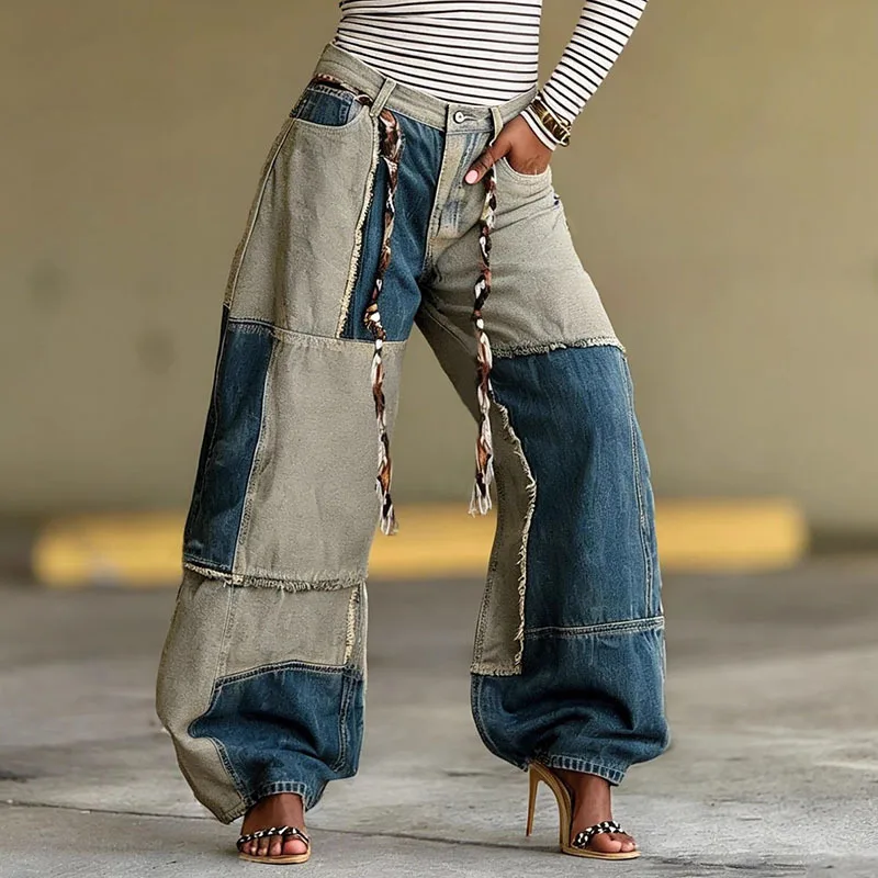 

Fashion New Vintage Patchwork Contrast Color Jeans for Women High Street Style Wide-leg Denim Pants Female