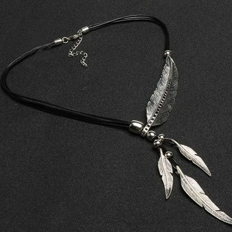 New Bohemian Style Rope Chain Leaf Feather Pattern Pendant For Women Fine Jewelry Collares Statement Necklace