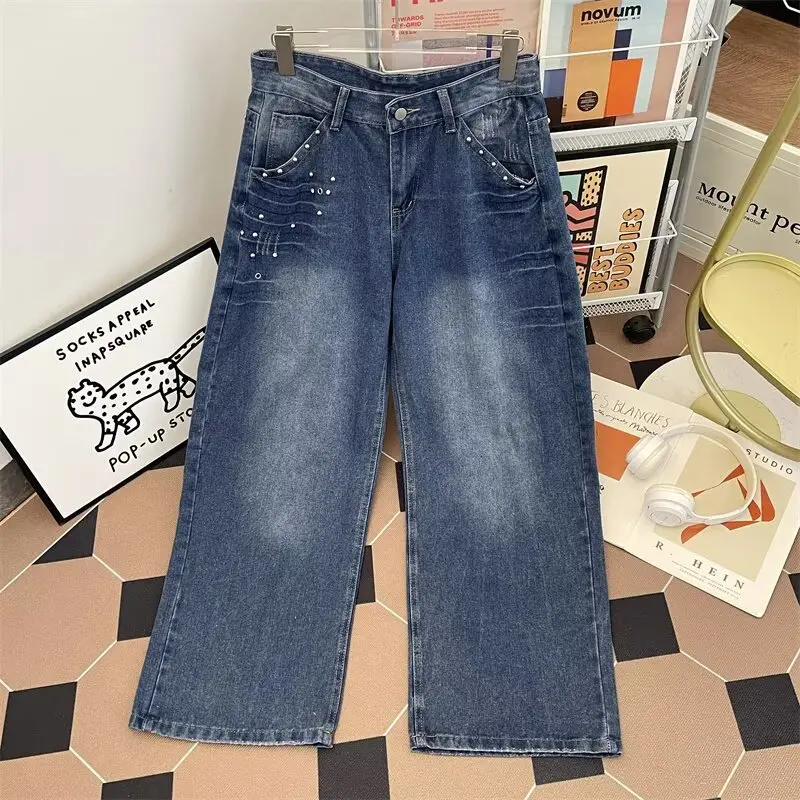 

American Style Loose Straight Leg Jeans with Hammer Design Versatile Men's And Women's Fashion Brand Washed Wide Leg Floor-Le...