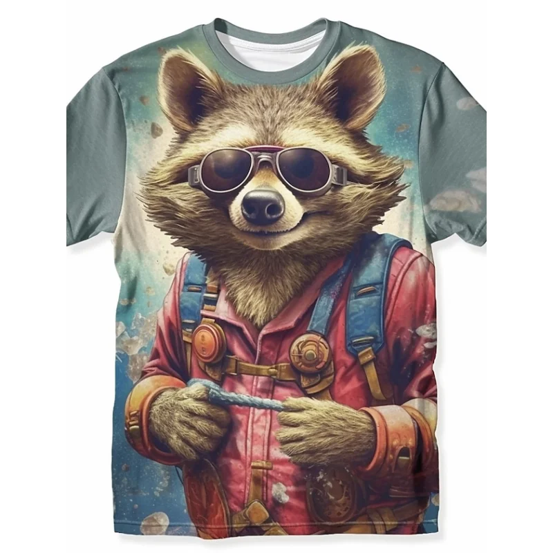 Funny T-Shirt For Men 3d Raccoon Print Tees Animal Pattern Short Sleeve Top Summer Streetwear Oversized Trendy Brand Men Clothes