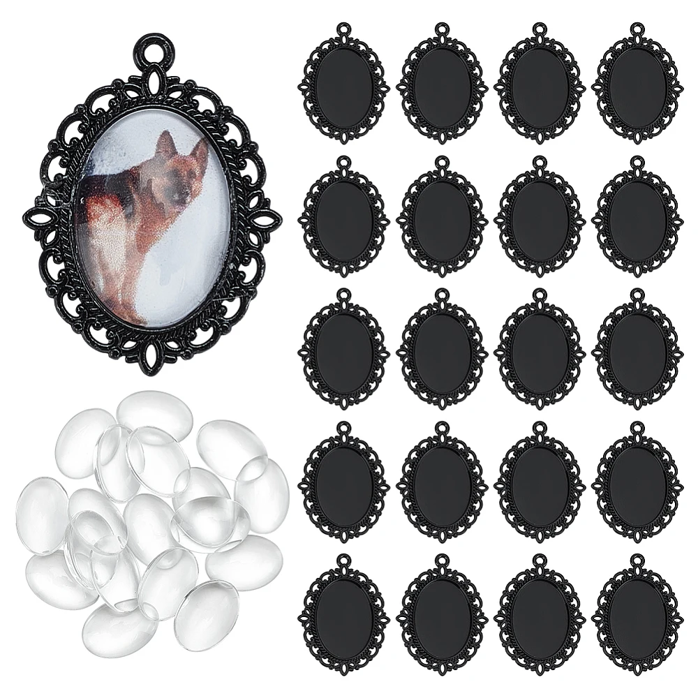 

DIY Pendants Making Kits including Transparent Glass Cabochons Style Oval Alloy Pendant Cabochon Settings Black