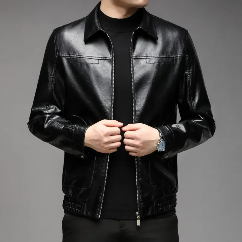 

Деловое кожаное пальто с лацканами, осеннее мужское пальто среднего возраста, модная мужская повседневная универсальная верхняя одежда большого размера, кожаная куртка с маслом и воском