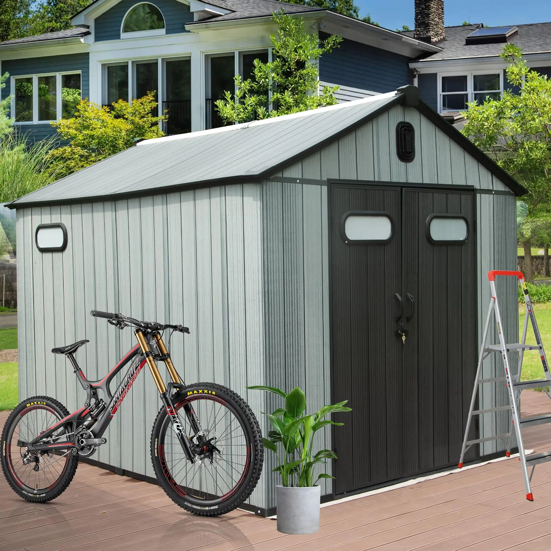 Outdoor resin storage shed lockable door waterproof plastic garden tool