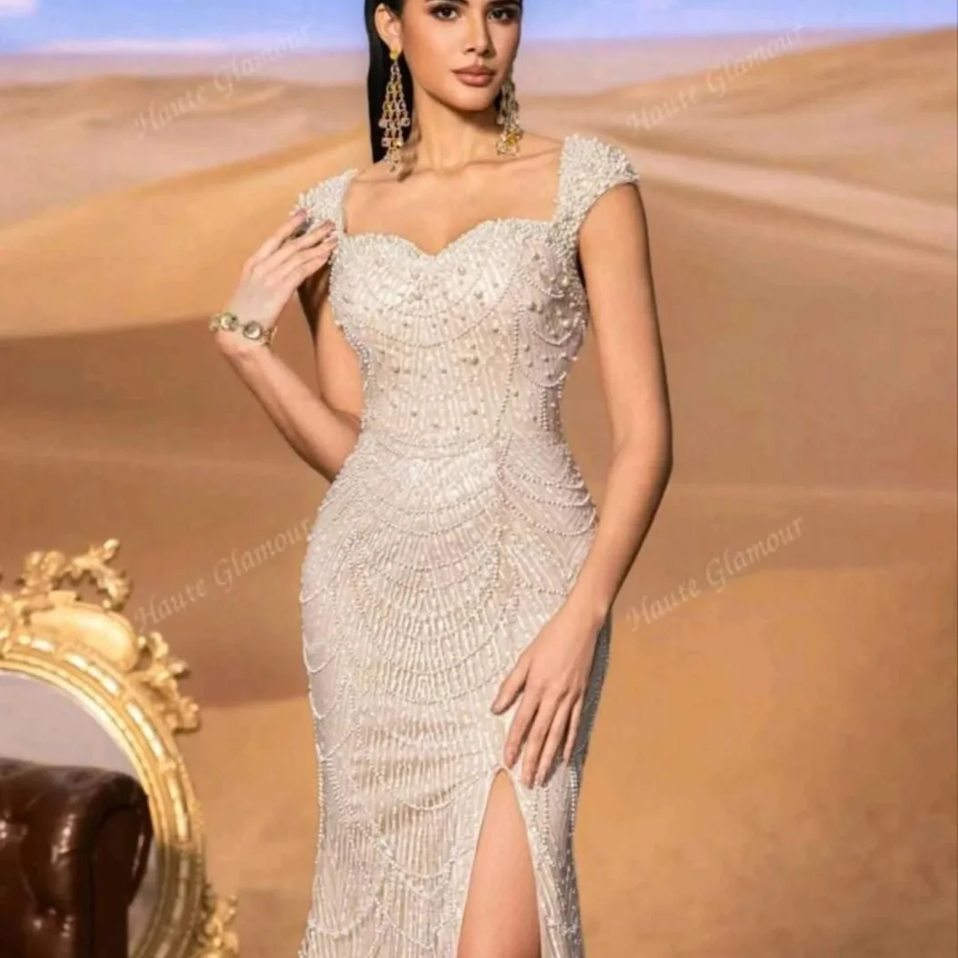 벨라 맞춤 비즈 장식 머메이드 사이드 슬릿 파티 드레스 스파게티 스트랩 백리스 플로어 길이 프로미 드레스 2025