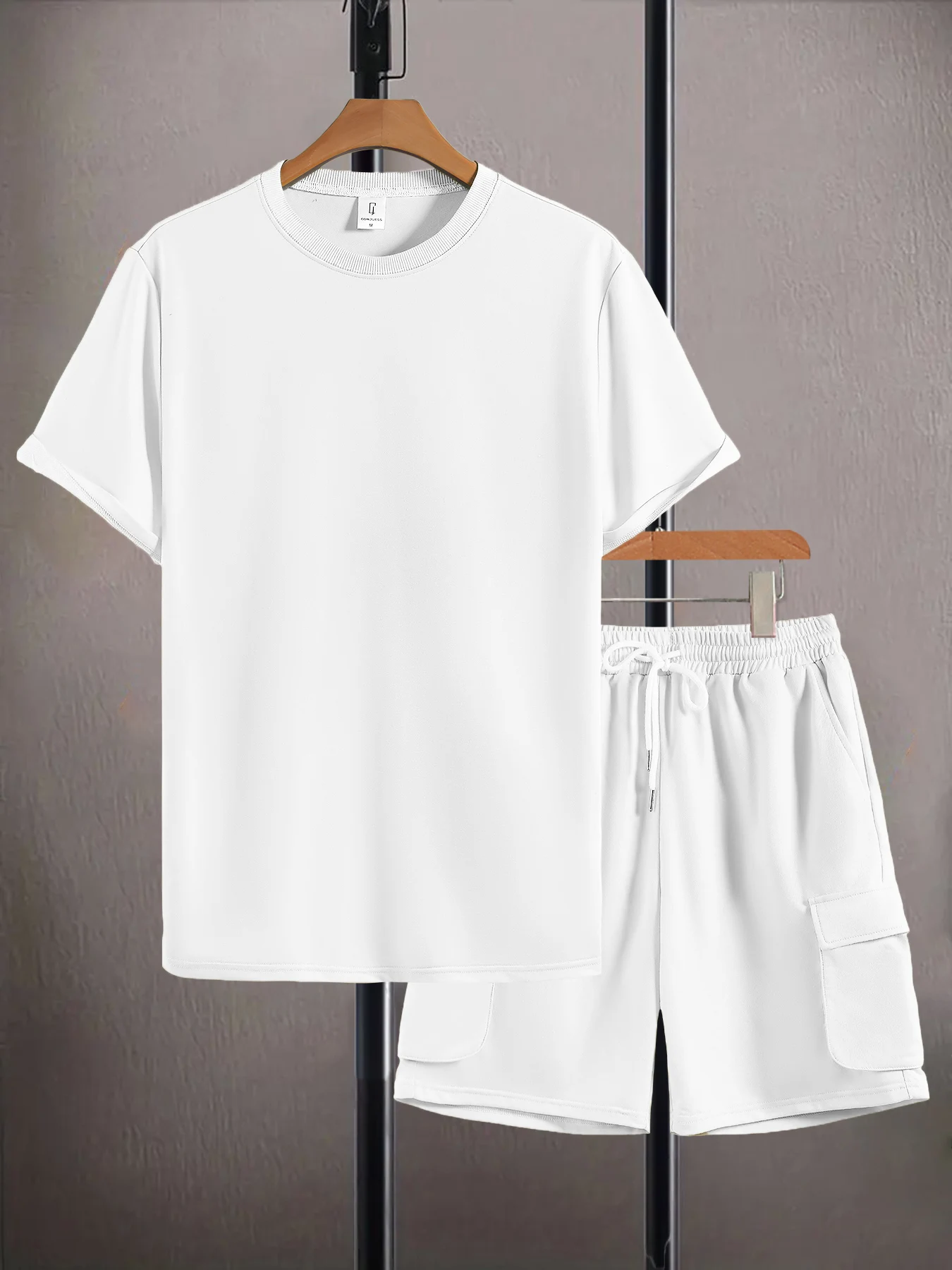

Men's 2 Piece Solid White Basic Set, Crew Neck Short Sleeve T-Shirt & Cargo Pocket Shorts Summer Casual Outfit