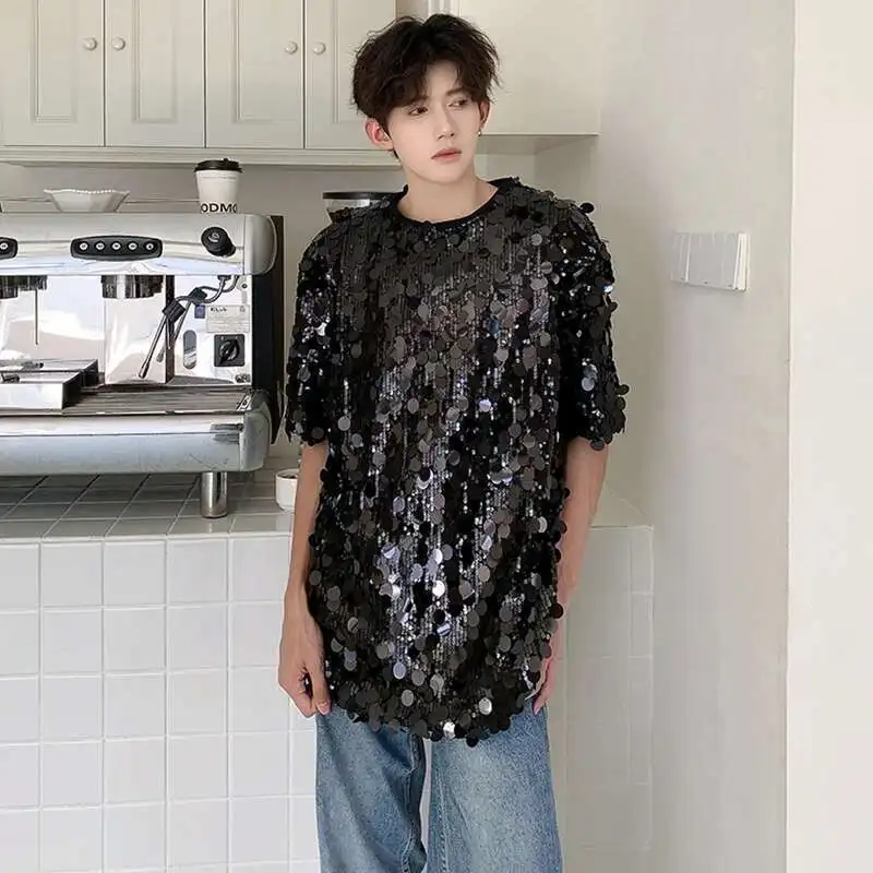 LUZHEN Personalized Trendy Sequin Splicing Design Short Sleeve T Shirts Original Stylish Street High Quality Men\'s Tops LZ3917